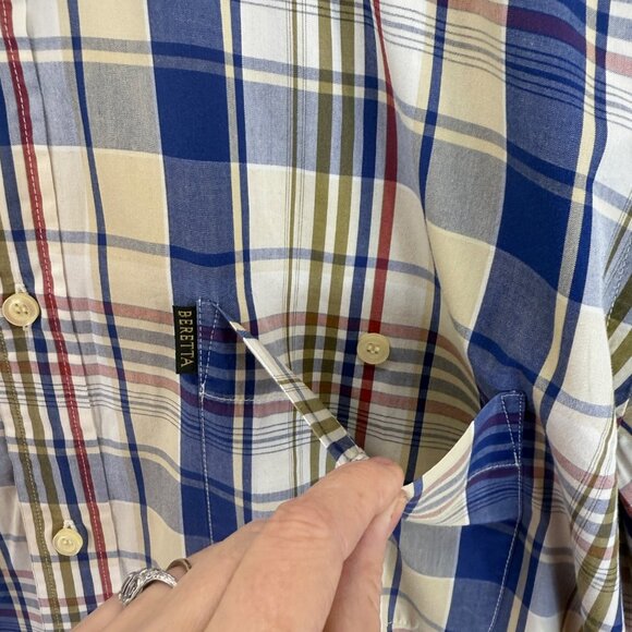 Beretta Mens Collared‎ Button-Up Shirt Plaid Long Sleeve Blue Cream Size US XL - Picture 5 of 12